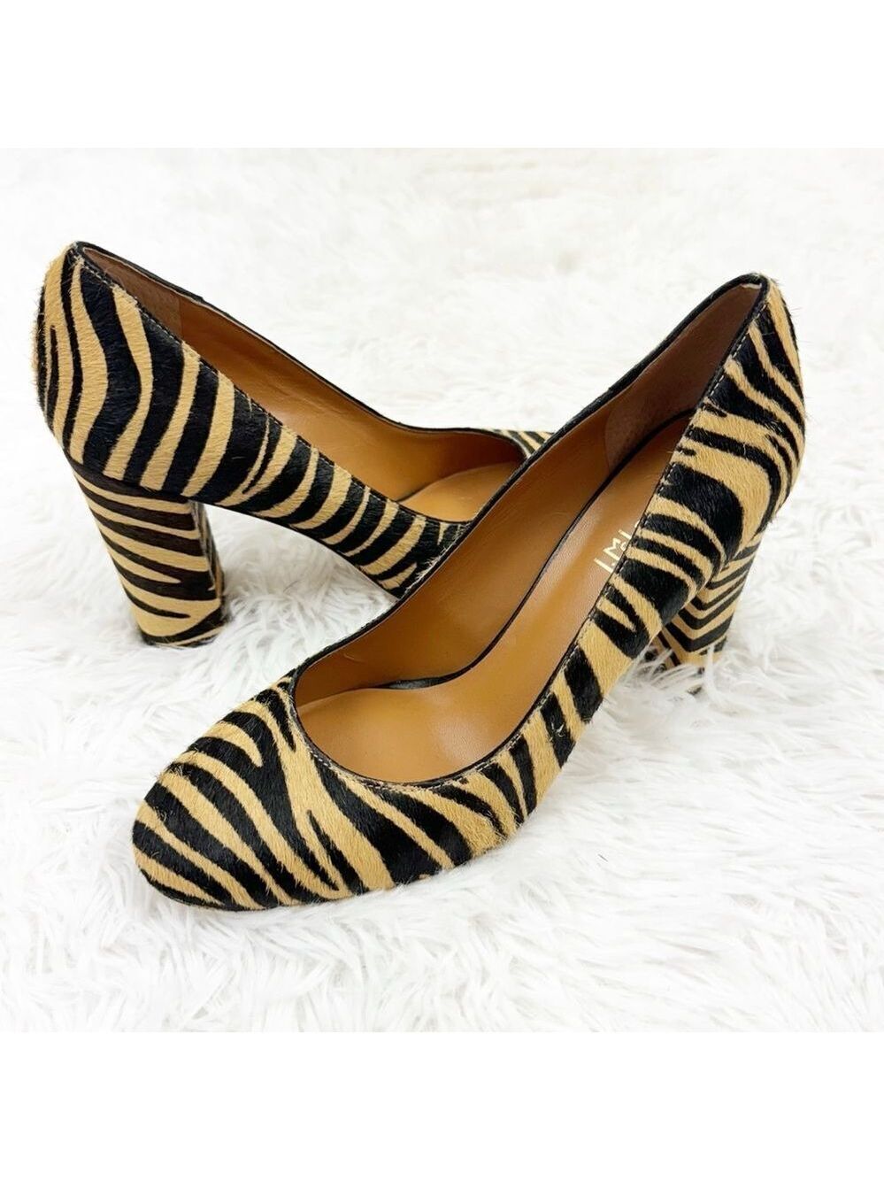 J. McLaughlin Tiger Striped Dyed Cow Hair Block Heel Pumps